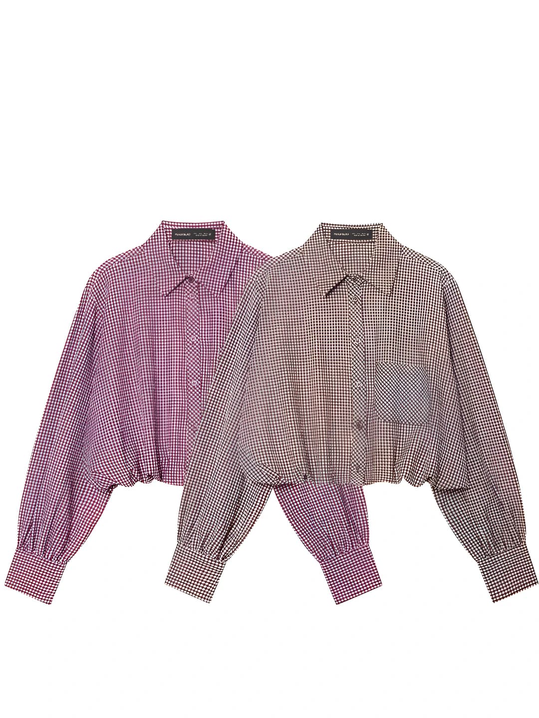 Women's blouse: cropped, lapel collar, loose fit, small checkered pattern, non-iron, regular sleeve length