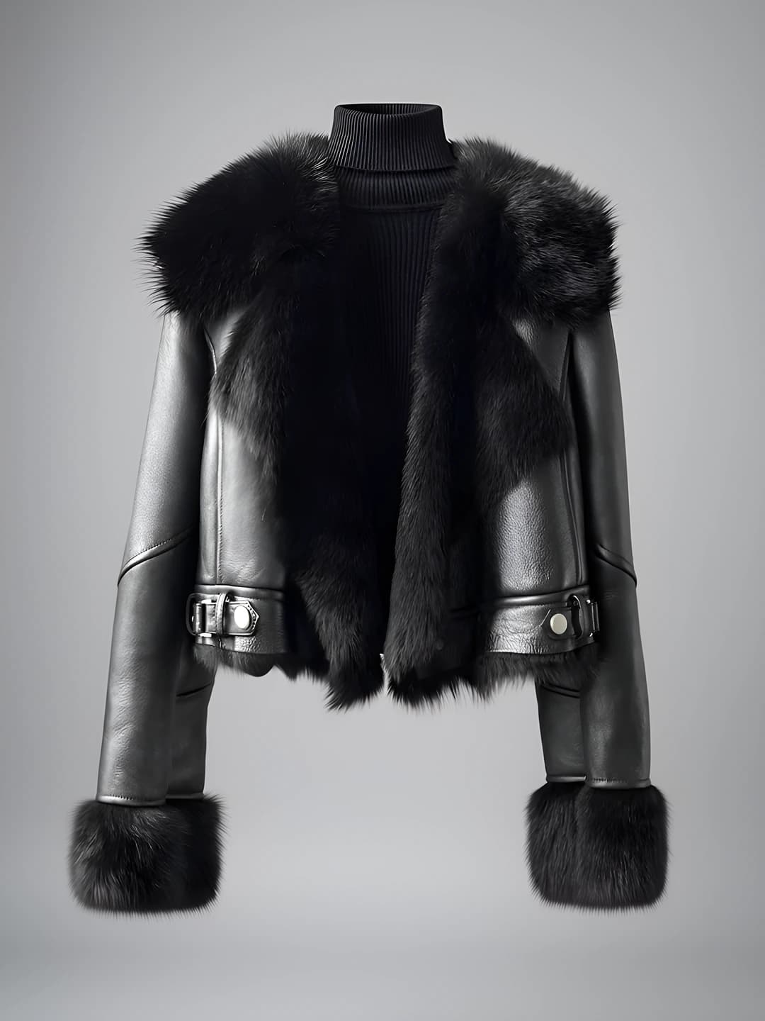 Women's autumn-winter fleece-lined jacket, slim fit, lapel collar, long sleeve, cropped, PU