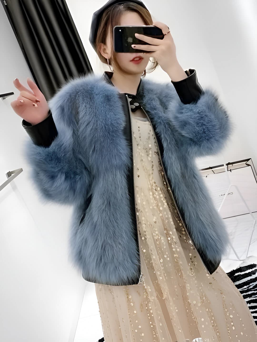 Women's faux fur coat, cropped, stand collar, long sleeve, zip, thickened, winter