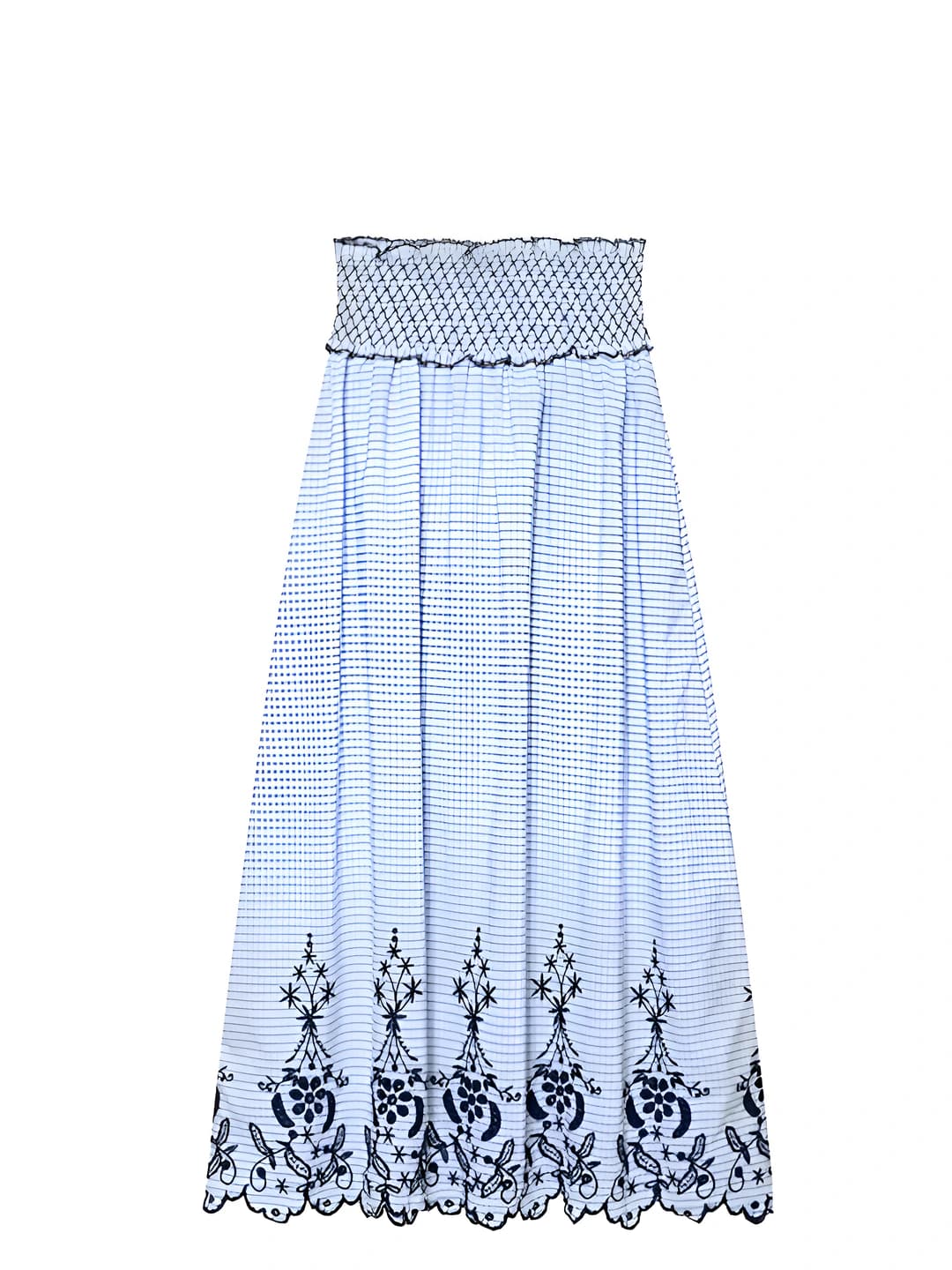 Women's A-line midi skirt with embroidery and checked pattern, straight cut, casual style
