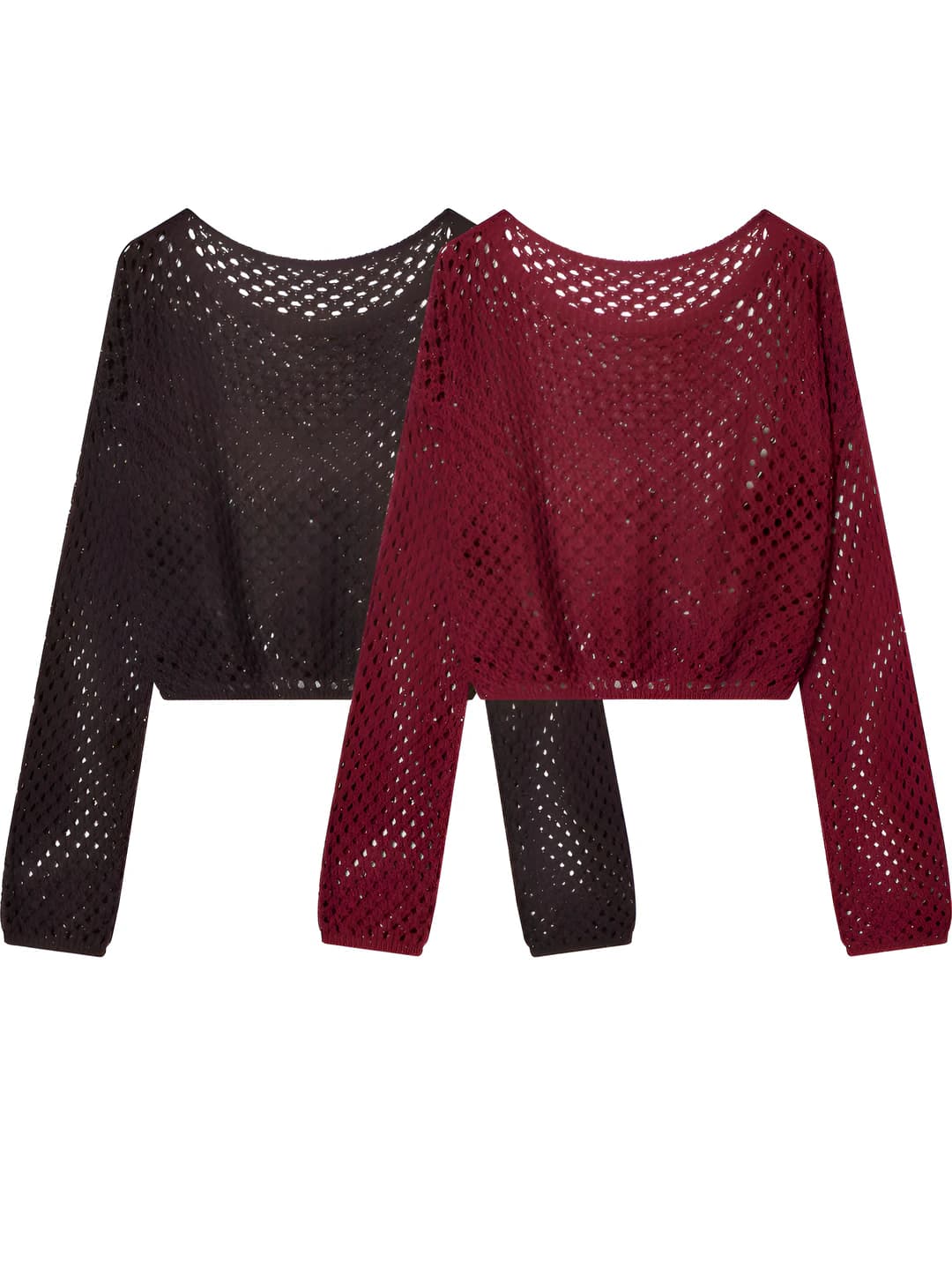 Women's knit top: long sleeve, crew neck, loose fit, solid colour, cropped, 50-70% polyester, openwork