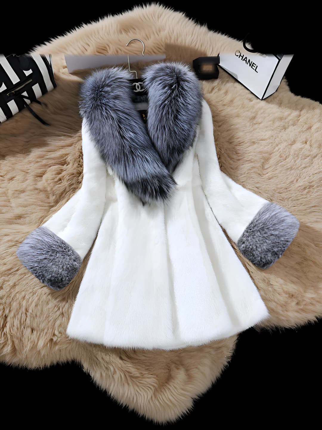 Women's Korean style 2026 autumn-winter mid-length coat, long sleeve, with faux mink and faux fox fur collar