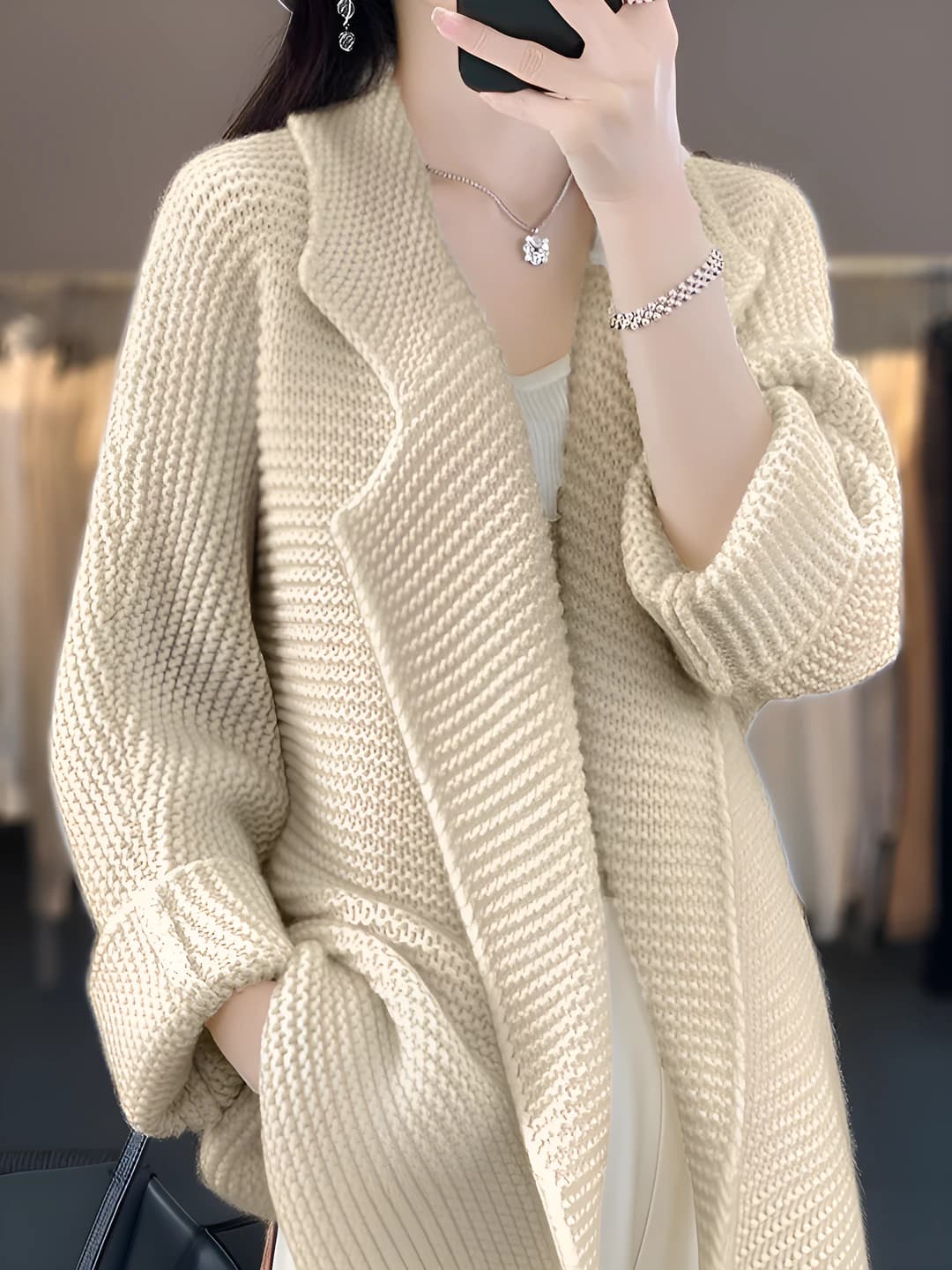 Women's wool cardigan with lapel collar, thickened, mid-length, casual, autumn-winter