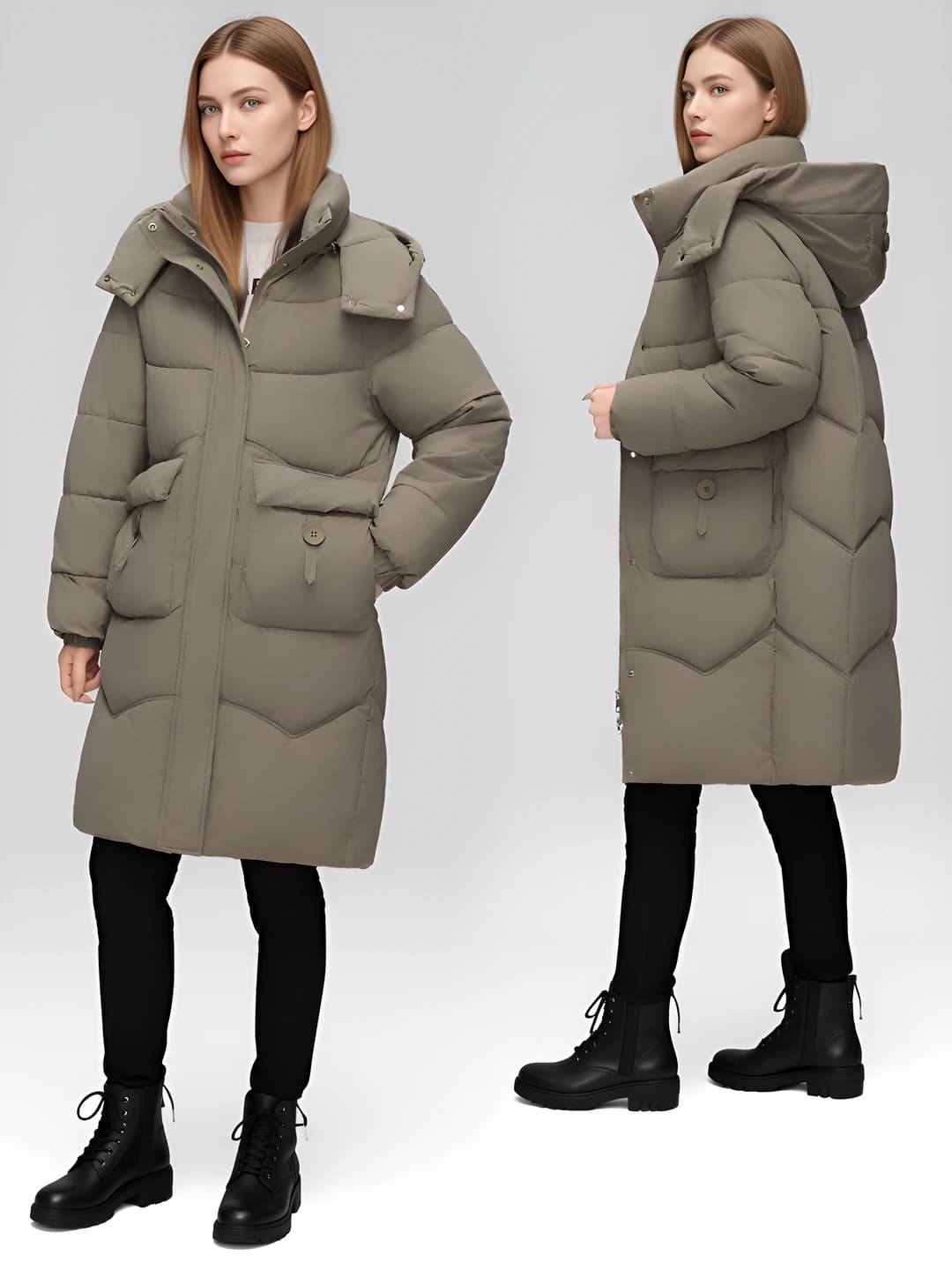 Women's 2026 down-alternative fill mid-length padded winter coat: loose fit, long sleeve, zip closure, thickened outerwear