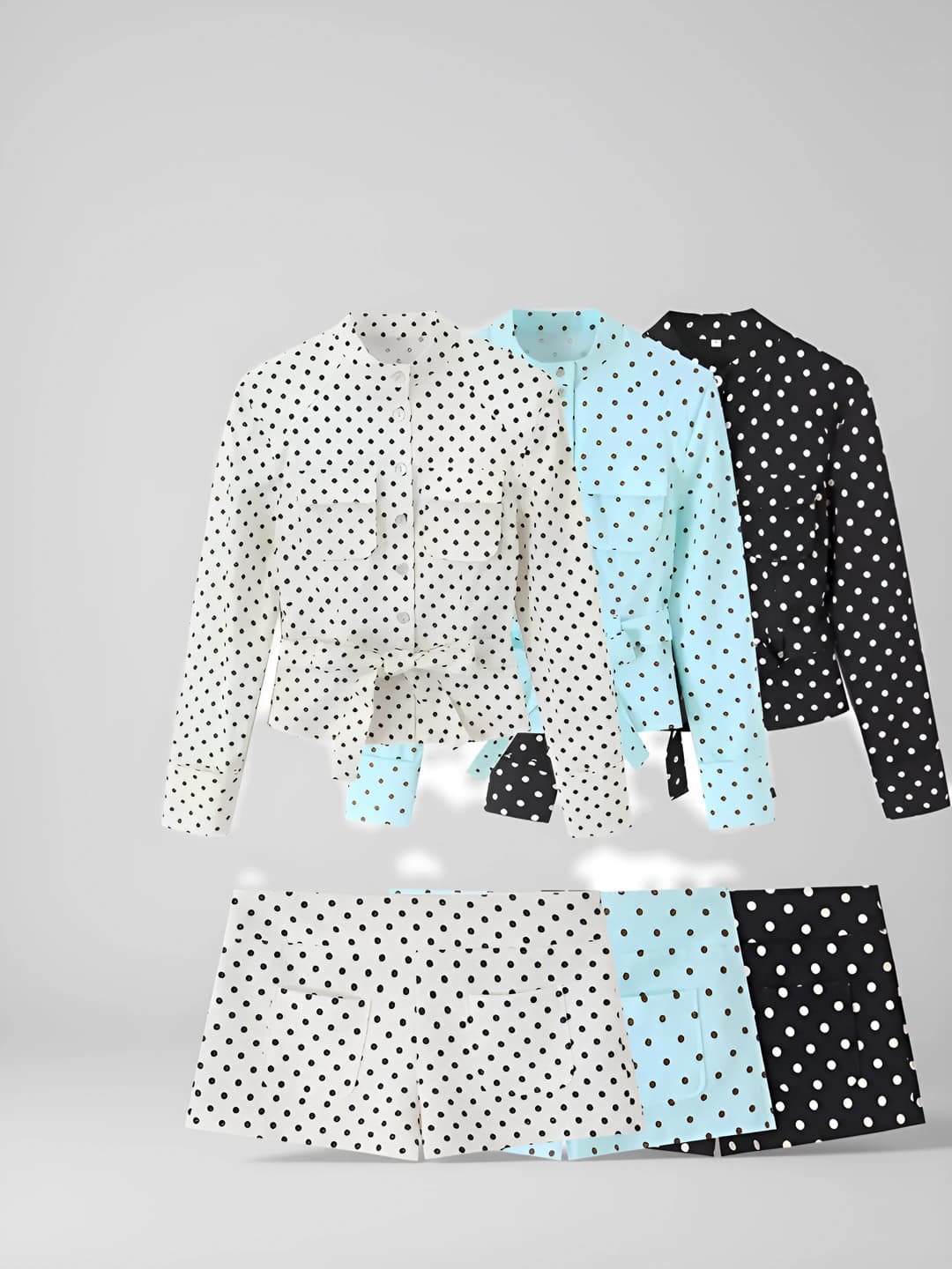 Women's set: shirt and capri trousers, polka-dot pattern, long sleeve, polyester, spring-summer-autumn