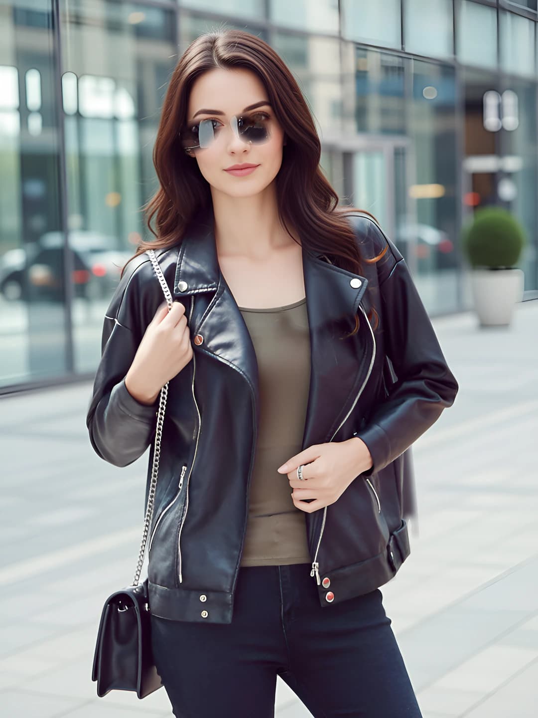 Ayollar uchun PU kurtka, issiq astarli, qalinlashtirilgan, bo'sh (oversize), kalta, qaytarma yoqa, uzun yeng, fermuar, kuz-qish