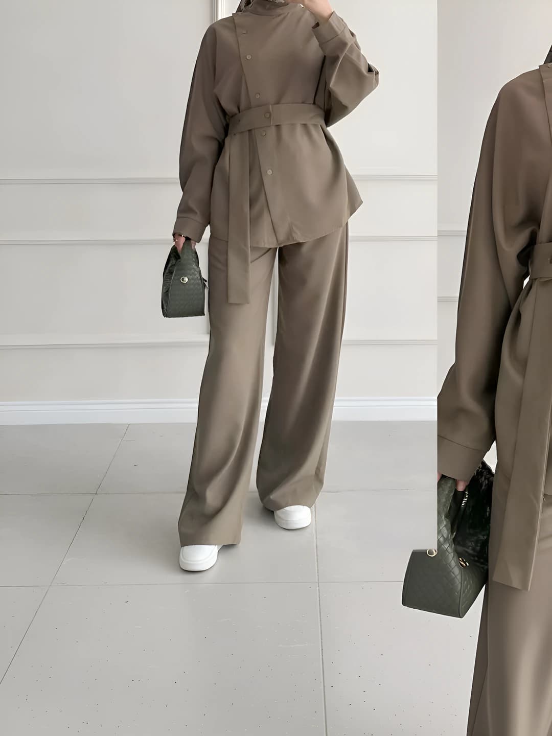 Women's 2026 autumn casual set: stand collar long sleeve blouse and belted wide-leg trousers