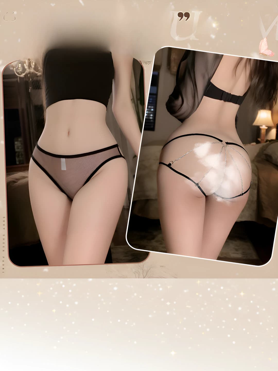 Women's sheer chain thong underwear, mesh fabric, less than 30% polyester, Japanese style T-briefs