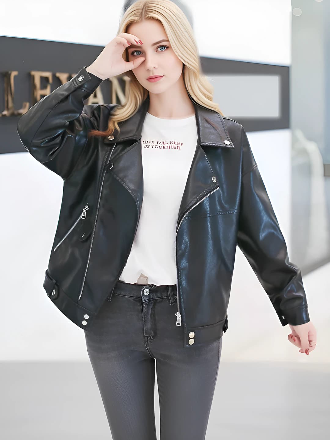 Women's PU leather biker jacket, Korean style, spring-autumn, cropped, loose fit, lapel collar, long sleeve, zip