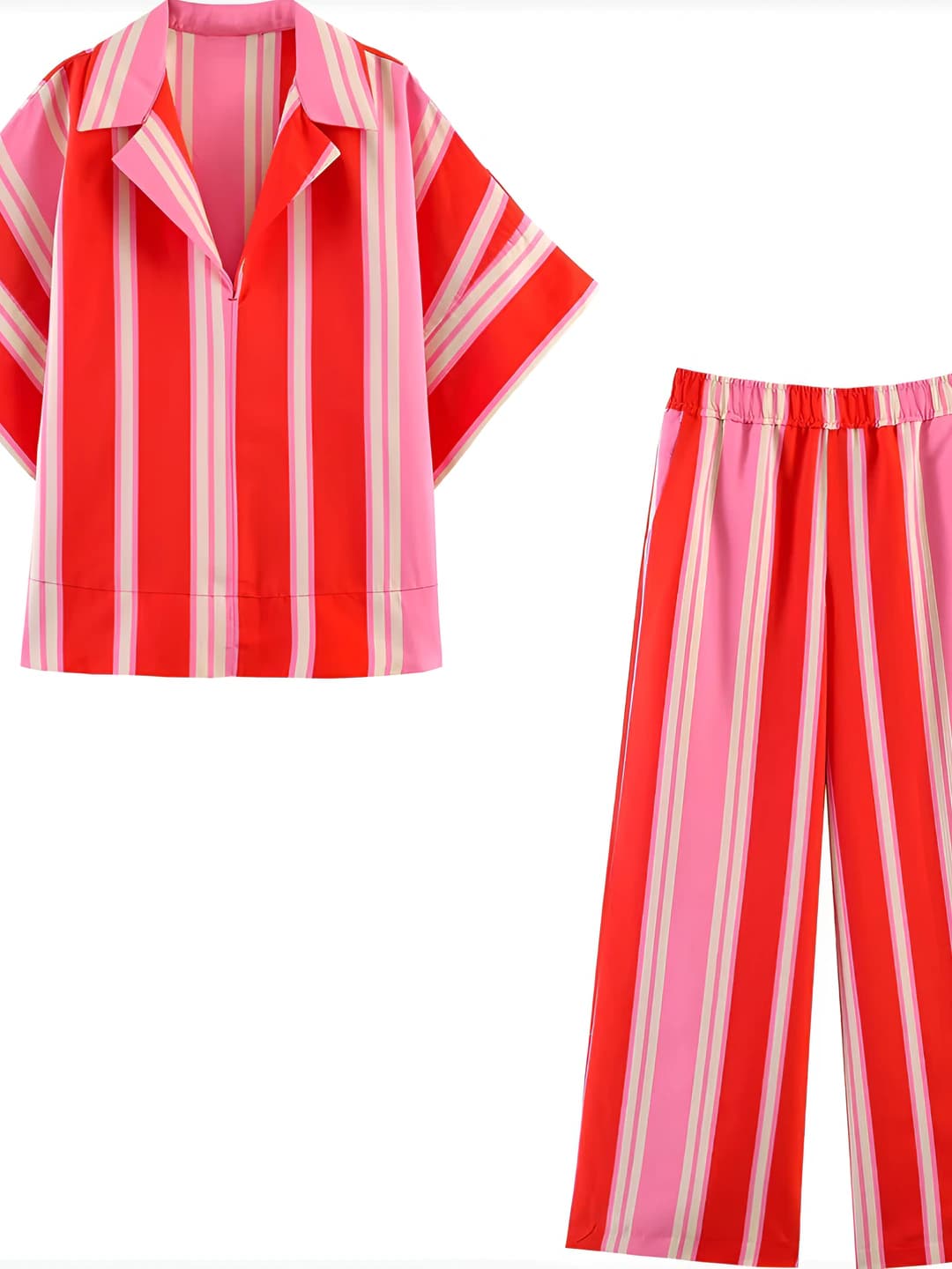 Ayollar uchun yozgi chiziqli ko'ylak-shirt va uzun shim to'plami, kalta yeng, polyester