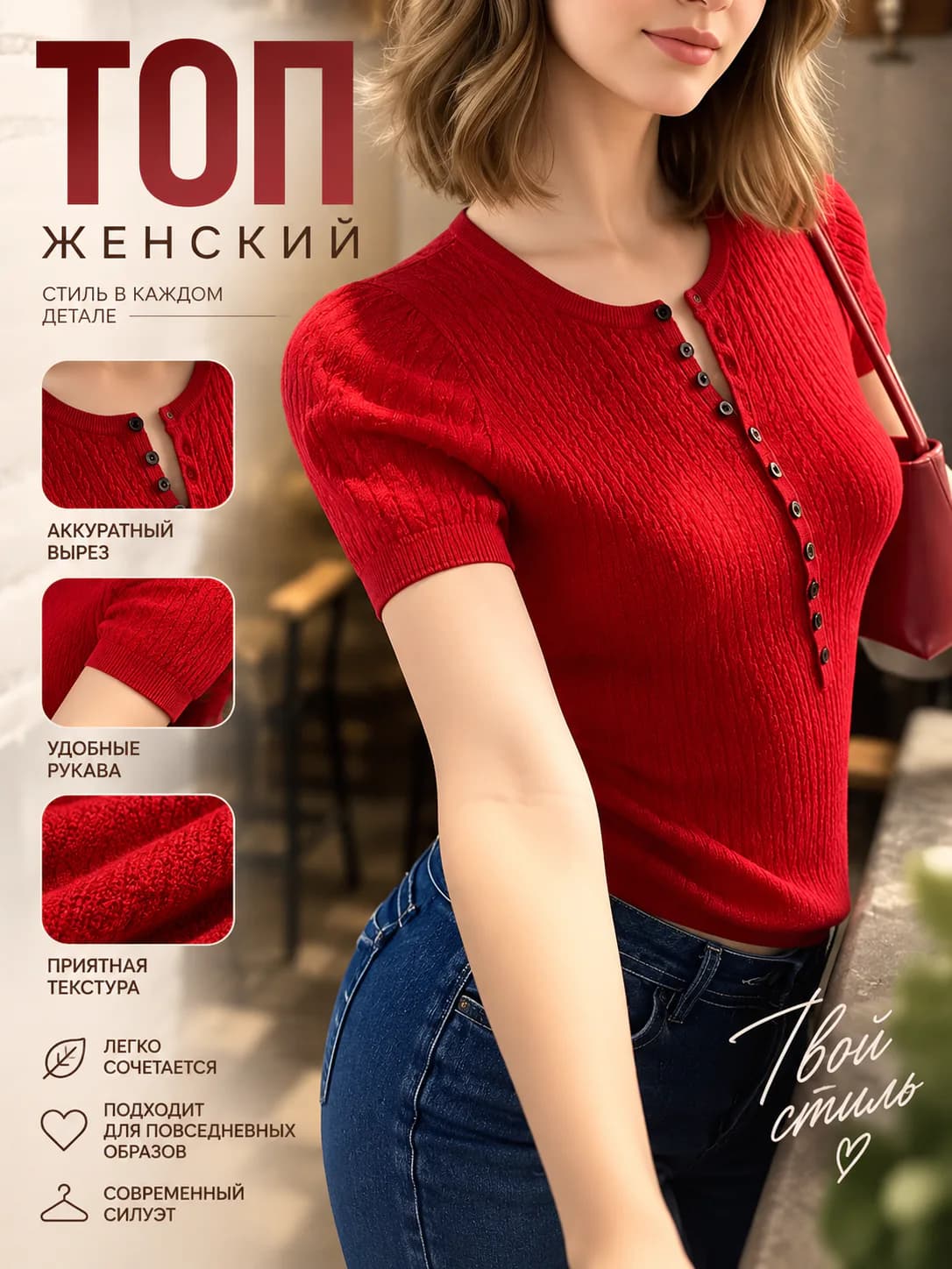 Женский вязаный джемпер красного цвета с пуговицами, круглый вырез, короткие рукава, приталенный, ретро дизайн, лето