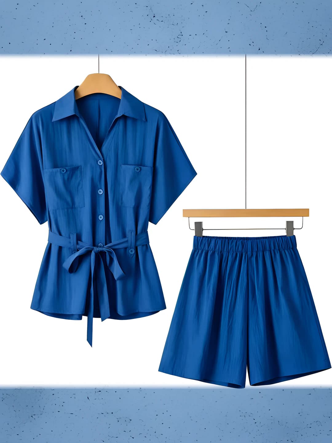 Ayollar uchun yozgi kundalik to'plam: bo'sh (oversize) ko'ylak-shirt va baland bel tizzagacha shorti
