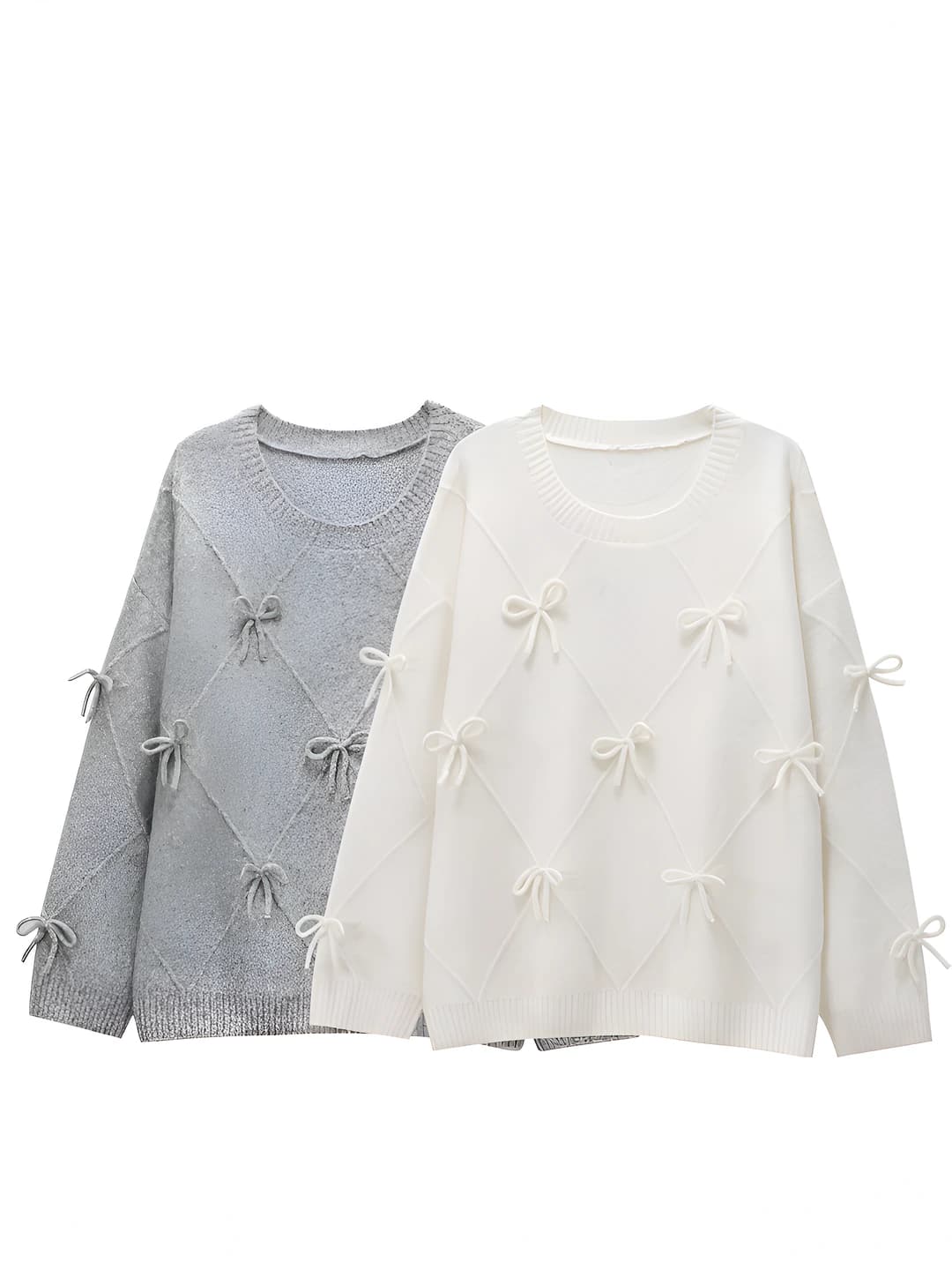 Women's solid colour sweater: crew neck, long sleeve, medium thickness, polyester fabric, design element — bow