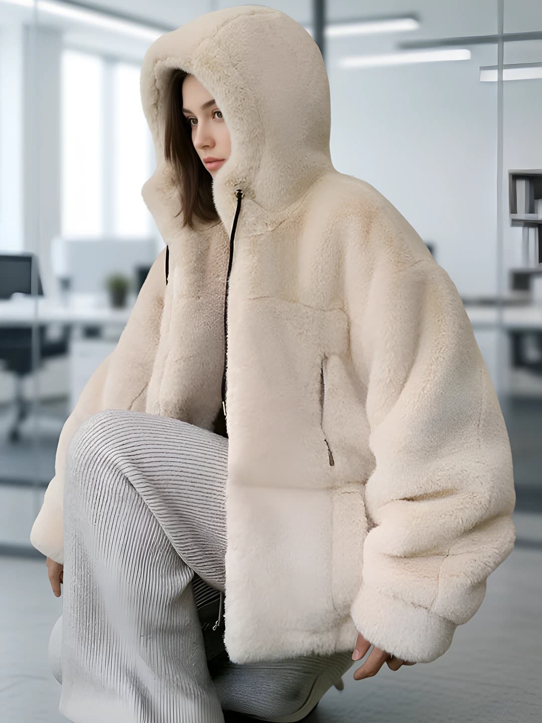Ayollar uchun kuz-qish fasli issiq saqlaydigan bo'sh (oversize) ko'rinishdagi faux fur qoplamali ustki kiyim (kurtka)