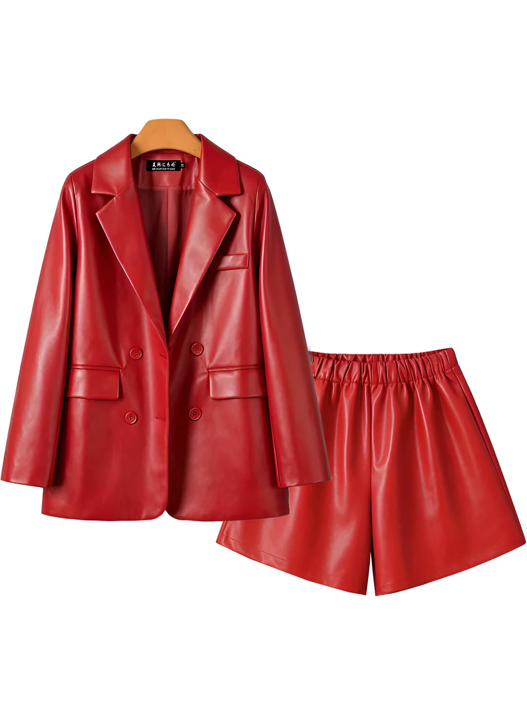 Women's PU leather jacket and shorts set: lapel collar, loose fit outerwear, high waist wide-leg shorts, long sleeve, for petite, all-season