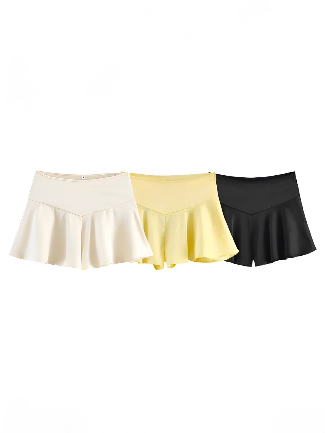 Ayollar uchun keng oyoqli saten shorti, o'rta bel, tizzagacha, bo'sh (oversize) uslub, fermuarli