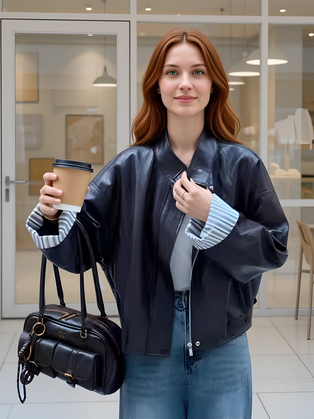 Ayollar uchun retro uslubdagi koreys uslubida PU deri kurtka, tik yoqa, fermuar, bo'sh (oversize) kesim, uzun yeng, bahor-kuz
