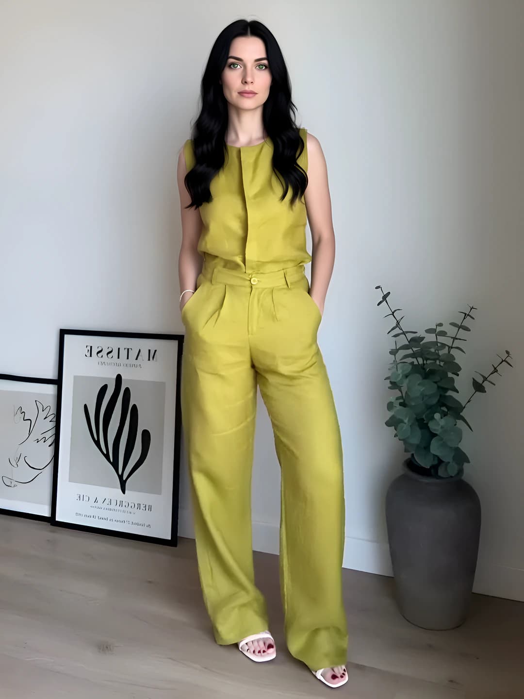 Women's 2026 spring-autumn sleeveless high waist wide-leg trouser set