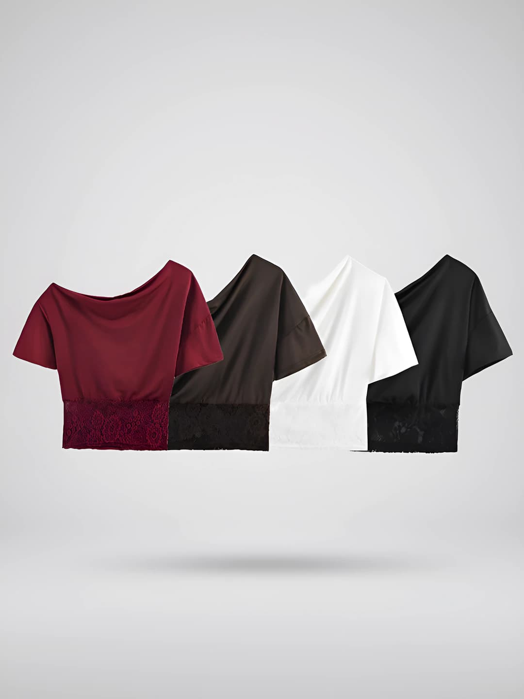 Women's lace-spliced short-sleeve slim fit crew neck t-shirt