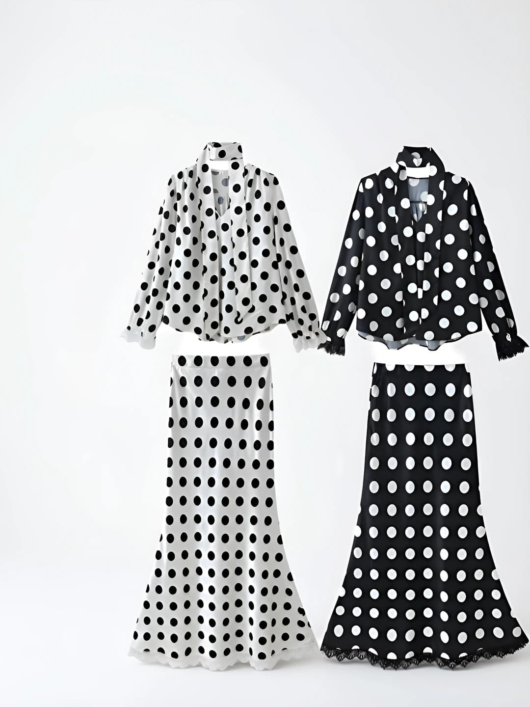 Ayollar uchun polka-dot bluzka va uzun yubka to'plami, V-yoqa, uzun yeng, 3D naqsh, kundalik, to'rt mavsum