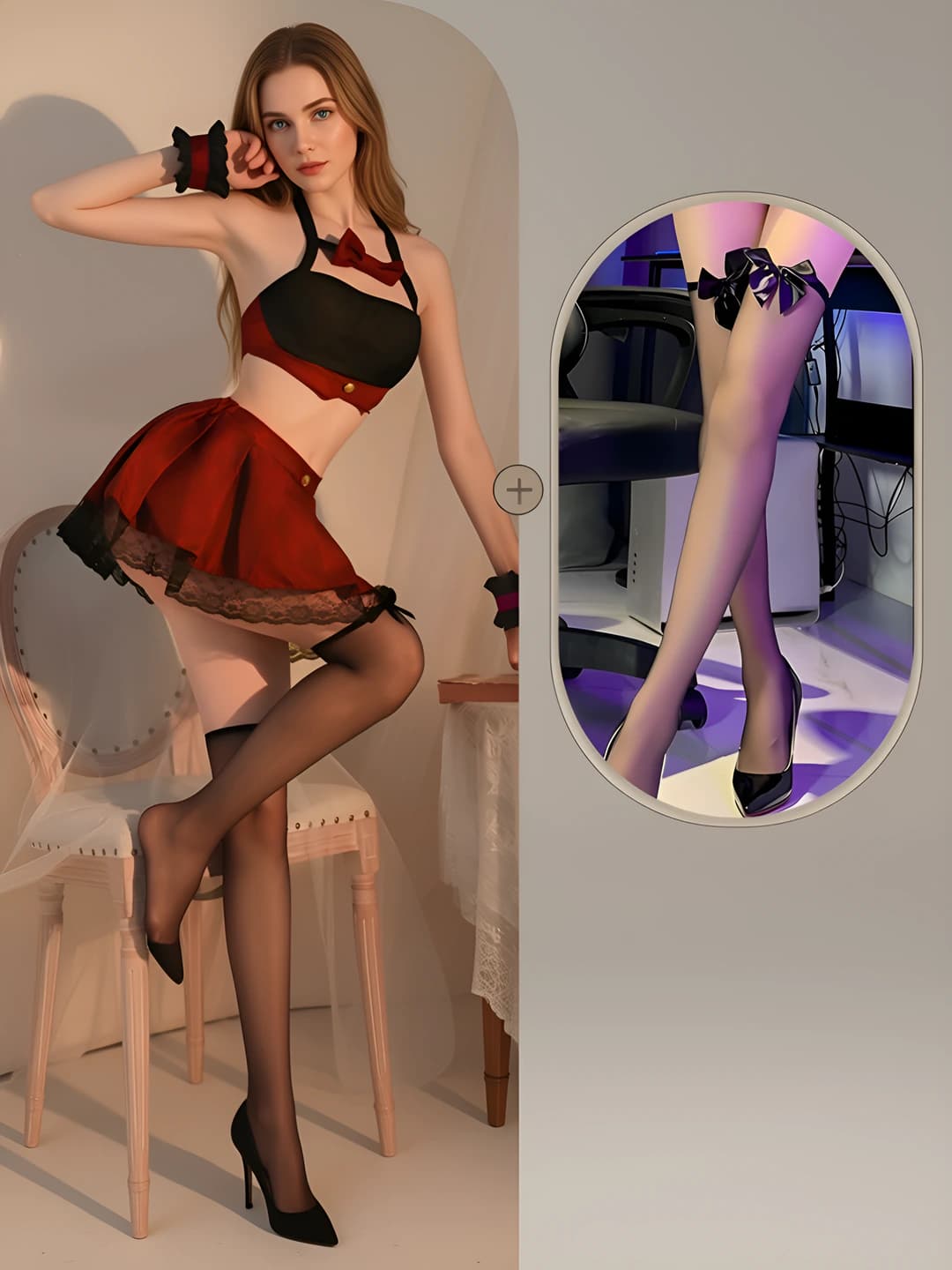 Photo color + black bow stockings