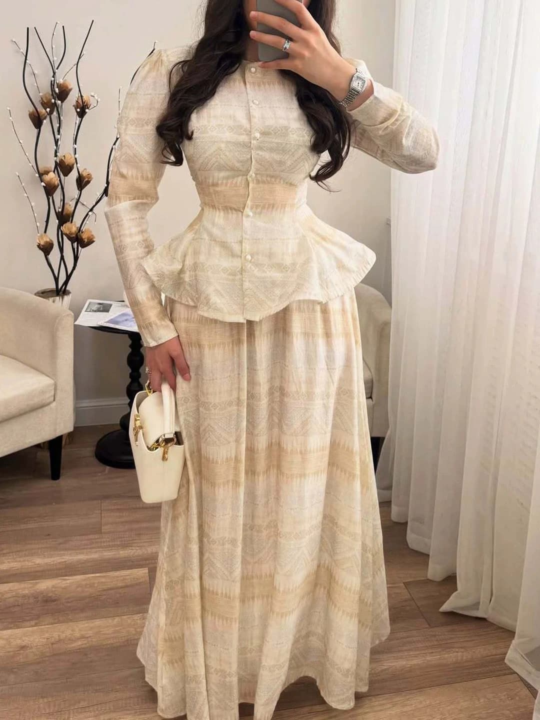 Women's 2026 spring-autumn blouse and A-line long skirt set, solid colour, long sleeve, polyester