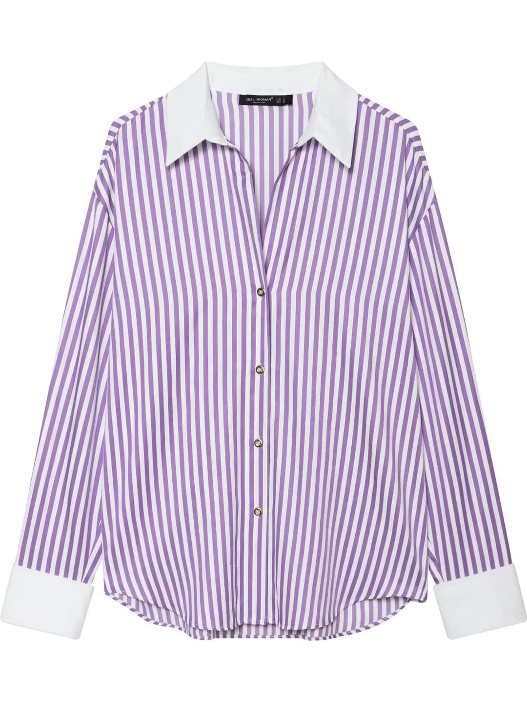 Women's striped poplin shirt, casual style, lapel collar, long sleeve, loose fit, mid-length