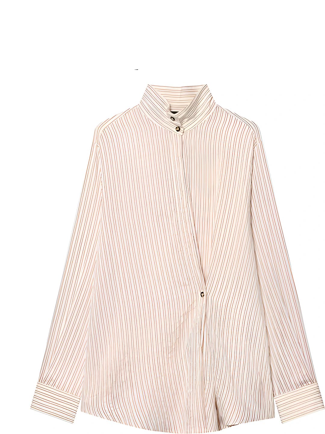 Ayollar uchun uzun yengli chiziqli ko'ylak-shirt, bo'sh (oversize) kesim, qaytarma yoqa, o'rta-uzun, polyester