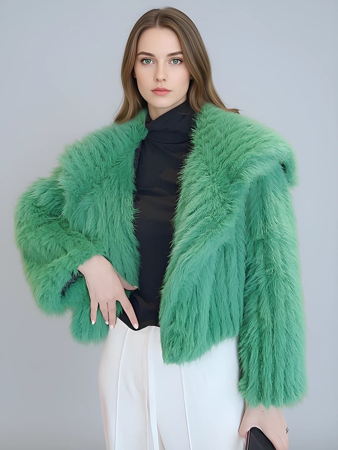 Women's cropped faux fur coat with long sleeves, sailor collar, knit pattern, slimming, autumn-winter