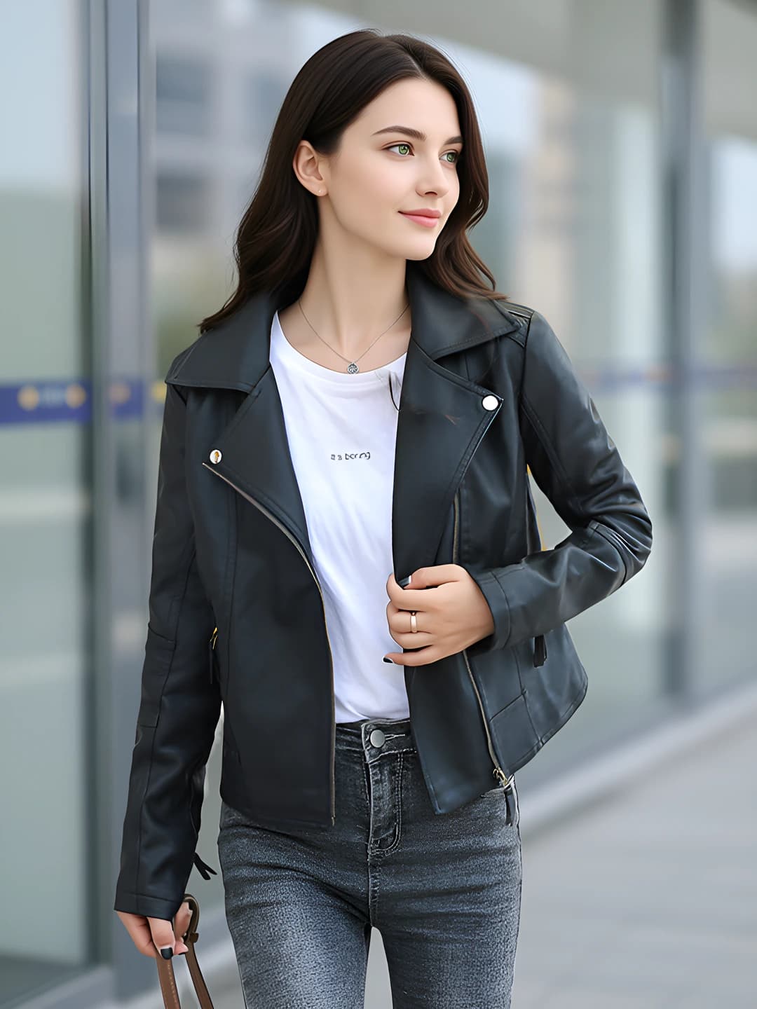 Women's spring-autumn PU leather jacket, Korean style, slim fit, slimming, cropped, lapel collar, long sleeve, zip