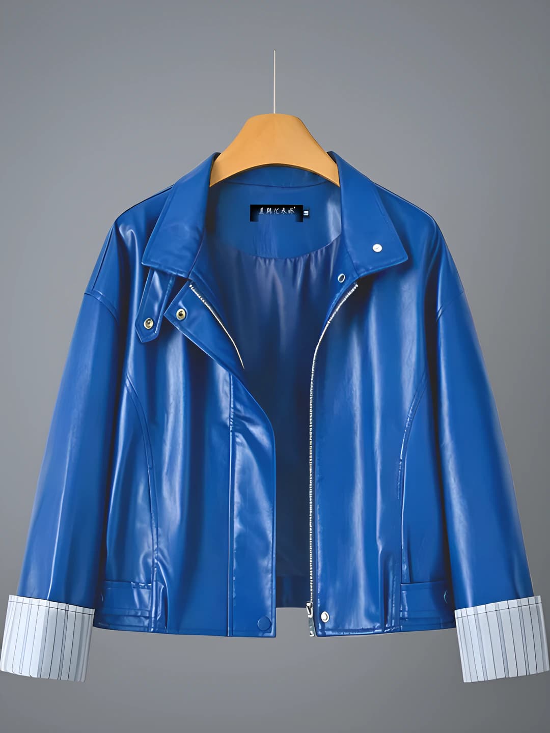 Women's retro blue faux leather jacket, spring-autumn, Korean style, stand collar, long sleeve, loose fit, zip