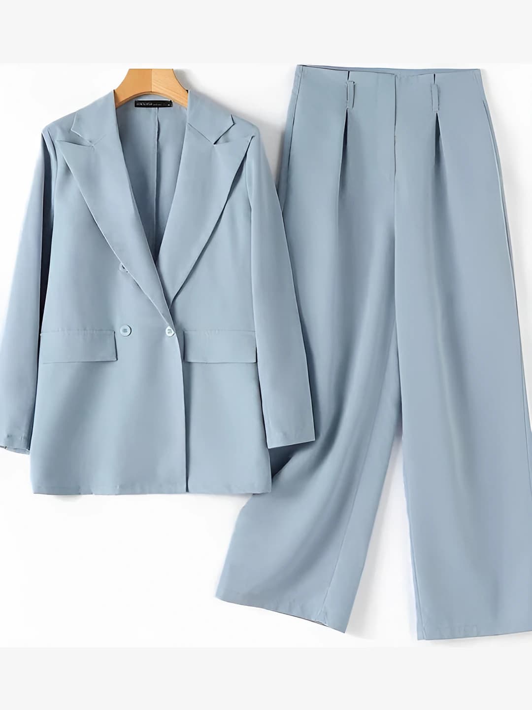 Women's suit set with blazer and wide-leg trousers, casual, solid colour, long sleeve, all-season