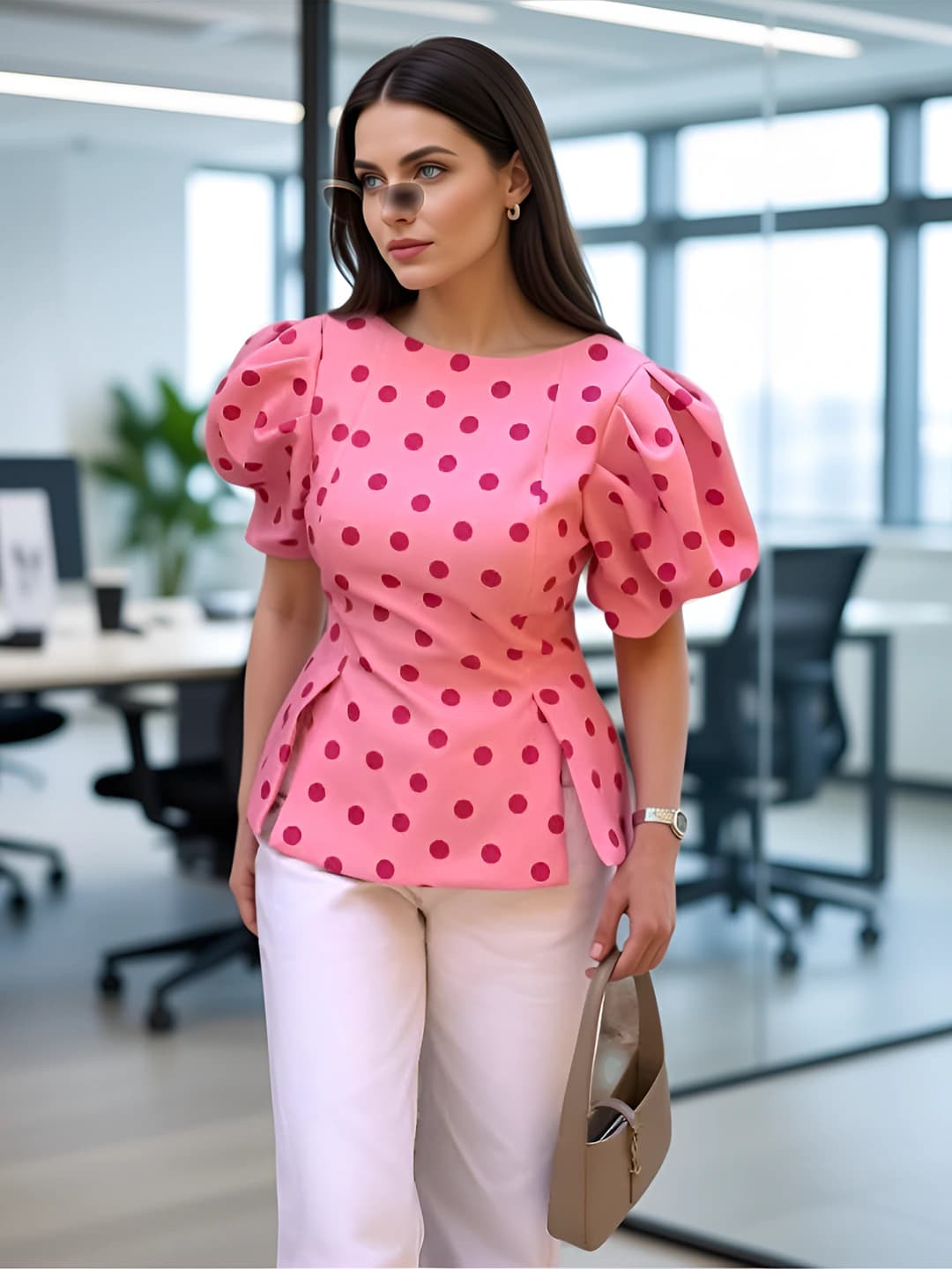 Ayollar uchun yozgi bluzka, kalta yeng, dumaloq yoqa, A-kirim, polka dot naqshli, polyester
