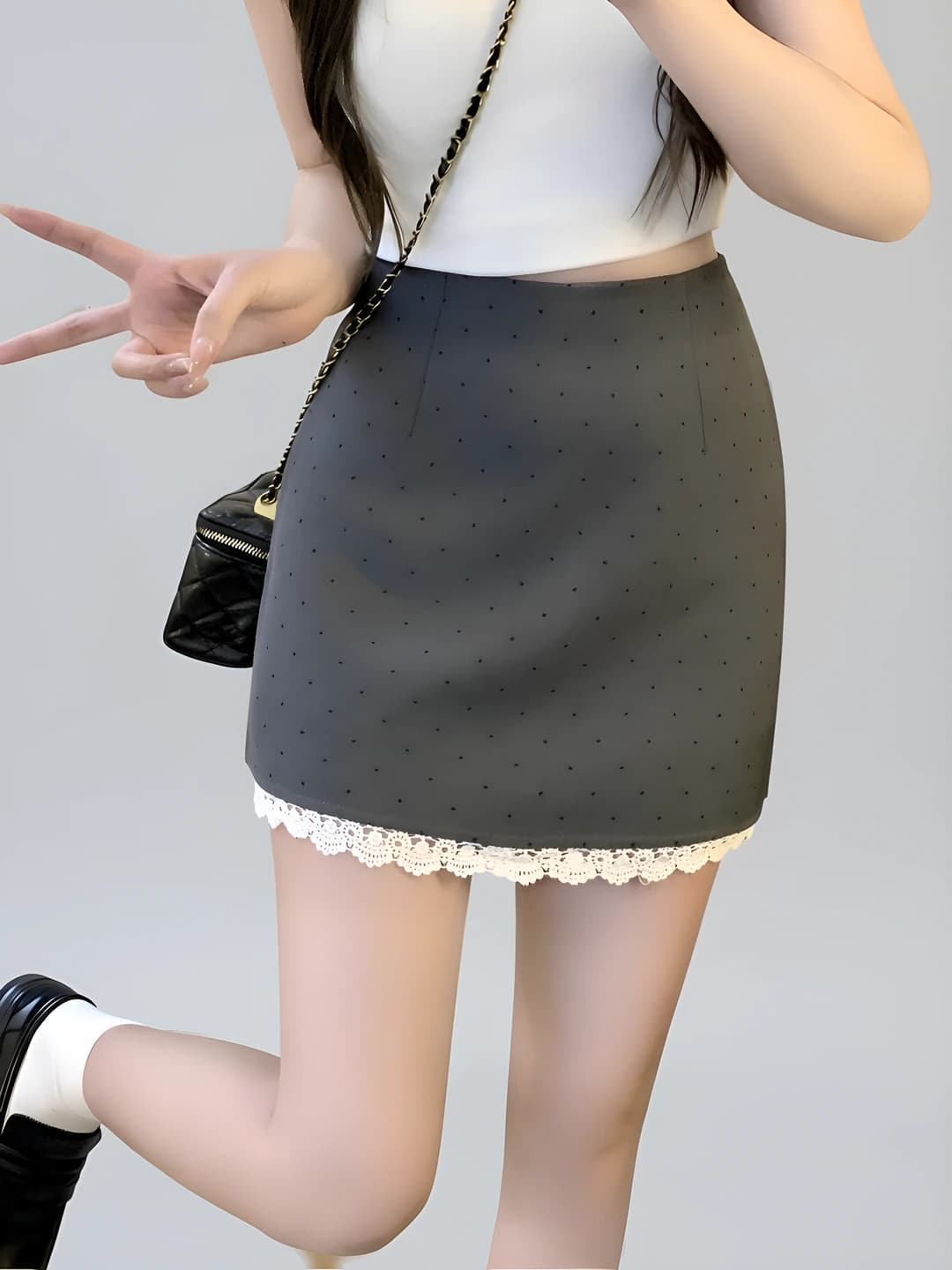 Women's straight mini skirt 2026, polka dot, lace, high waist, polyester
