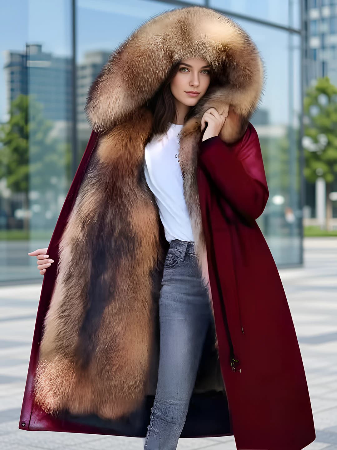 Ayollar uchun 2026 qishki qalinlashtirilgan, bo'sh (oversize) kesim, uzun yeng, uzun, fermuarli, qalin mato astarli, sun'iy tutun va qorovul mo'yli shubali ustki kiyim (kurtka)