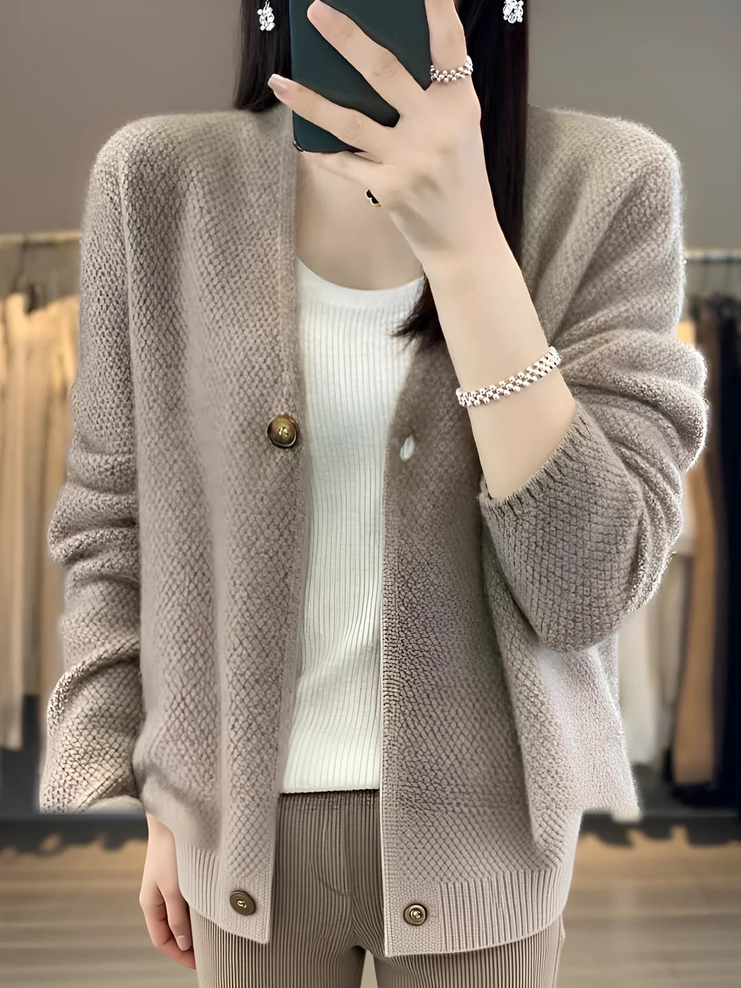 Women's autumn-winter cardigan, V-neck, solid colour, loose fit, long sleeve, plus size, retro style