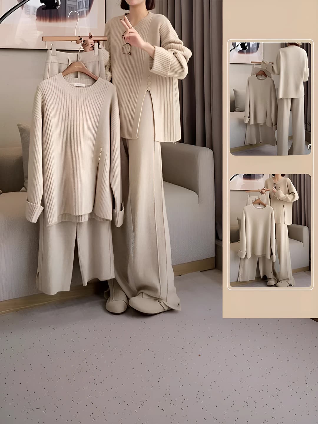 Women's plus size knit top and wide-leg trousers set, 2026 autumn-winter, long sleeve, solid colour, casual style