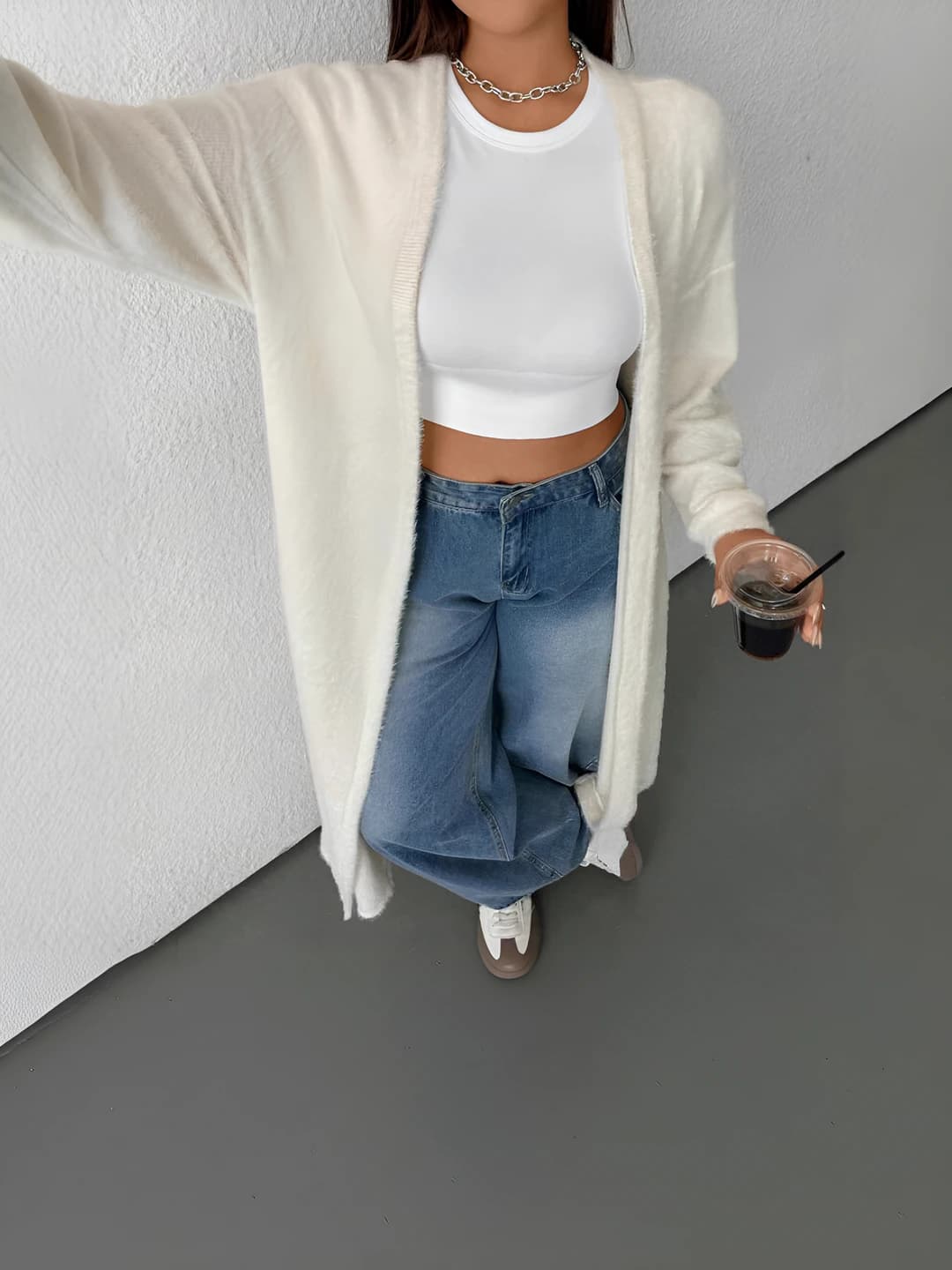 Women's long loose fit cardigan 2026 autumn-winter, Korean style, V-neck, long sleeve, solid colour, knit top