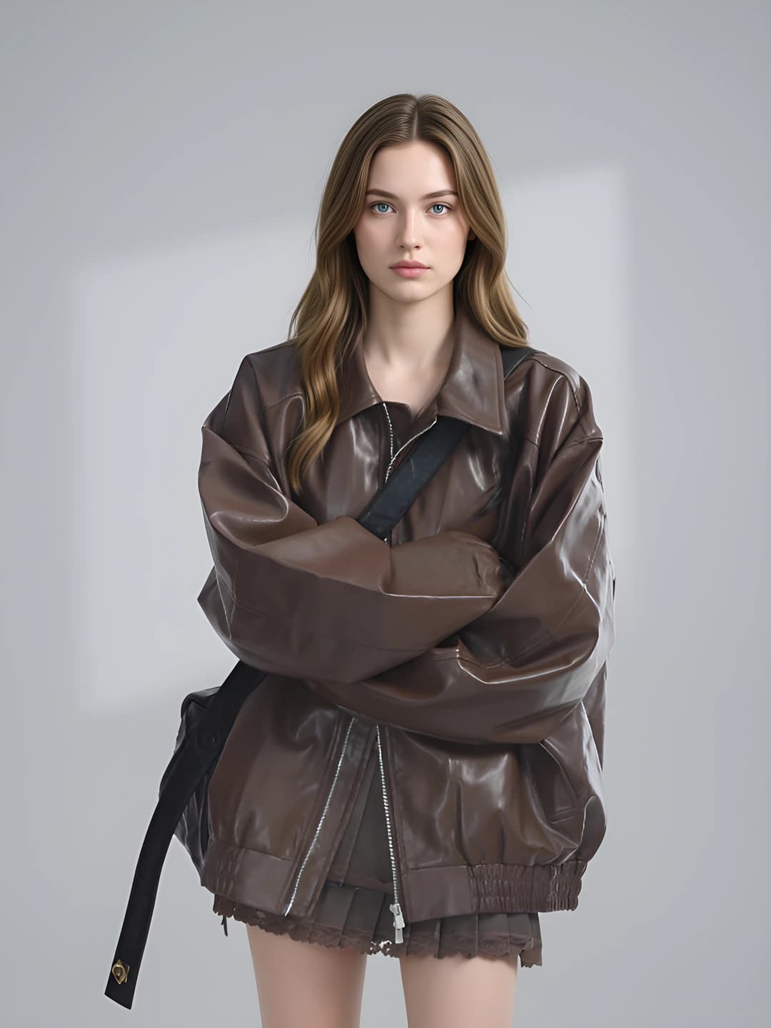 Women's PU leather jacket: retro, autumn, loose fit, long sleeve, zip, POLO collar, 2026