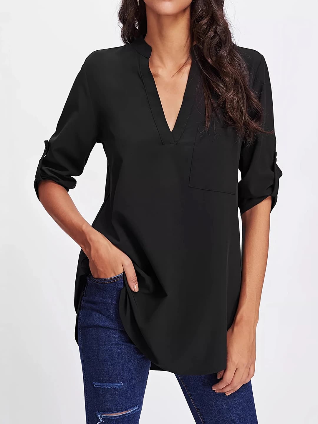 Women's V-neck blouse, three-quarter sleeve, solid colour, loose fit, long, polyester fabric