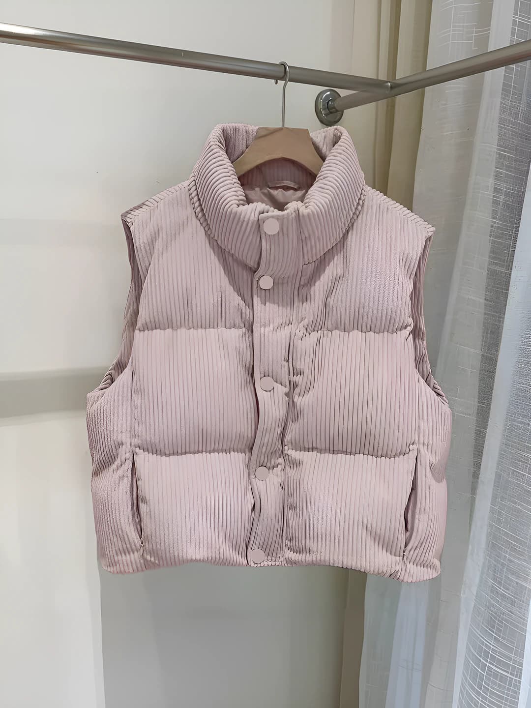 Women's 2026 spring-autumn padded corduroy vest with stand collar, zip, solid colour, loose fit, cropped