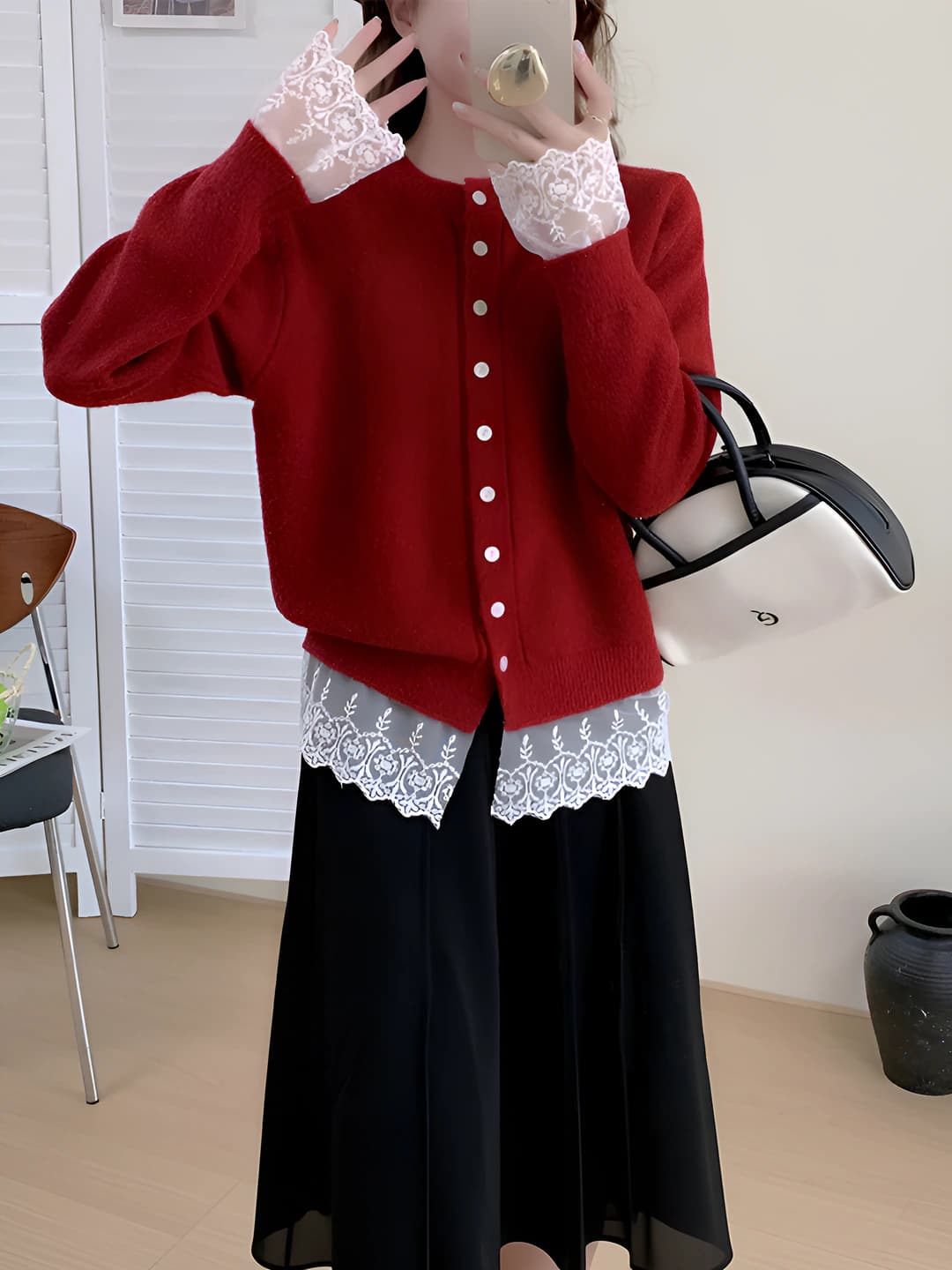Women's 2026 autumn-winter knit cardigan, lace and knit fabric, crew neck, long sleeve, loose fit, medium length