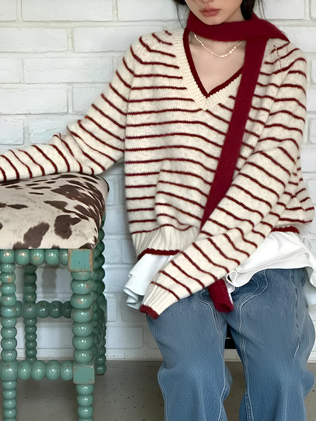 Women's striped V-neck knit top sweater, autumn-winter, long sleeve, loose fit, slimming, retro style
