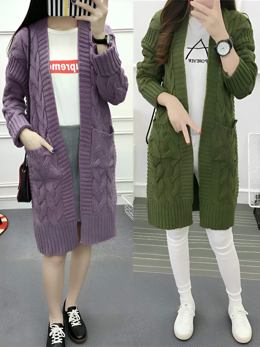 Женский вязаный кардиган: косы (вязка), V-образный воротник, длинный рукав, свободный крой, средней длины, однотонный, повседневный стиль