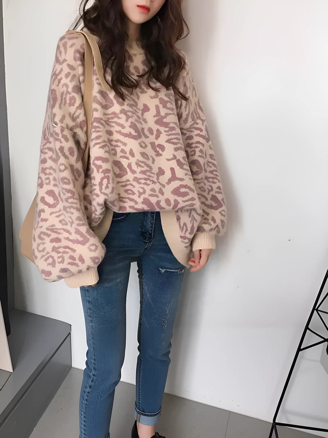 Women's leopard-print knit top, loose fit, crew neck, long sleeve, autumn-winter