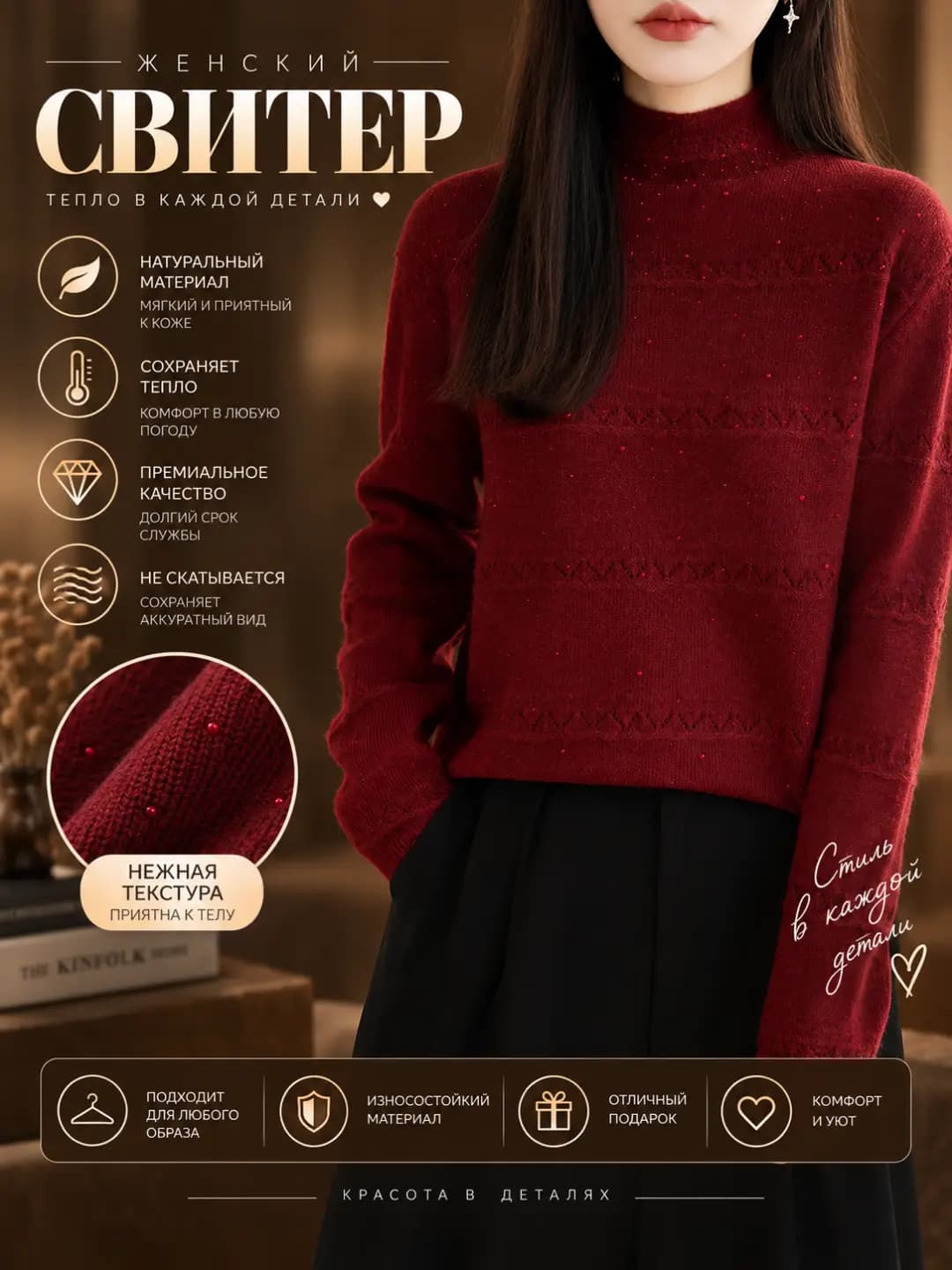 Women's mock neck knit pullover sweater, loose fit, long sleeve, solid colour, slimming, casual style