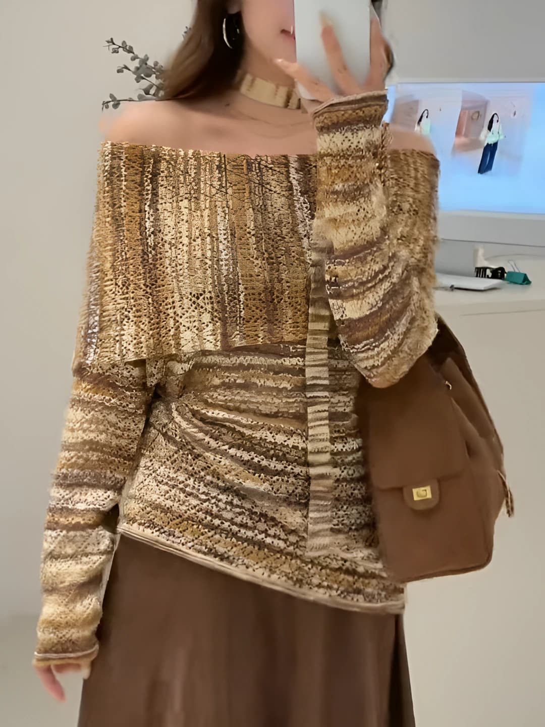 Women's off-shoulder knit sweater top, autumn, slimming, striped, lapel collar, long sleeve, 50-70% polyester