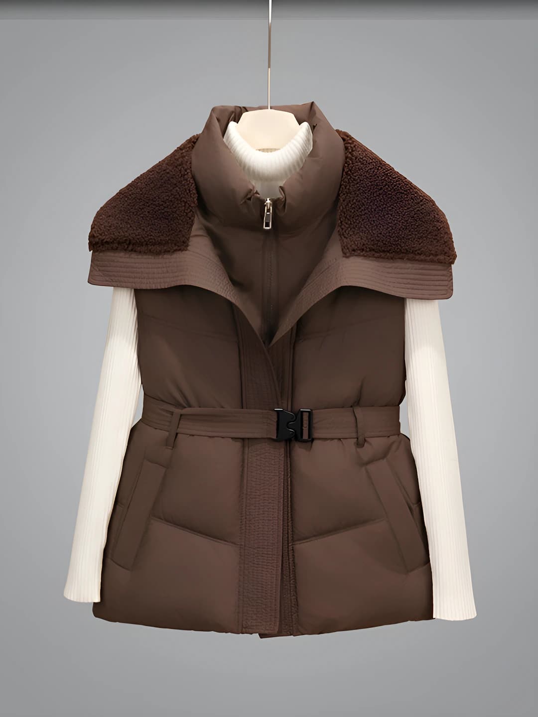 Women's cropped vest with down-alternative fill, lapel collar, zip, slim fit, Korean style, 2026