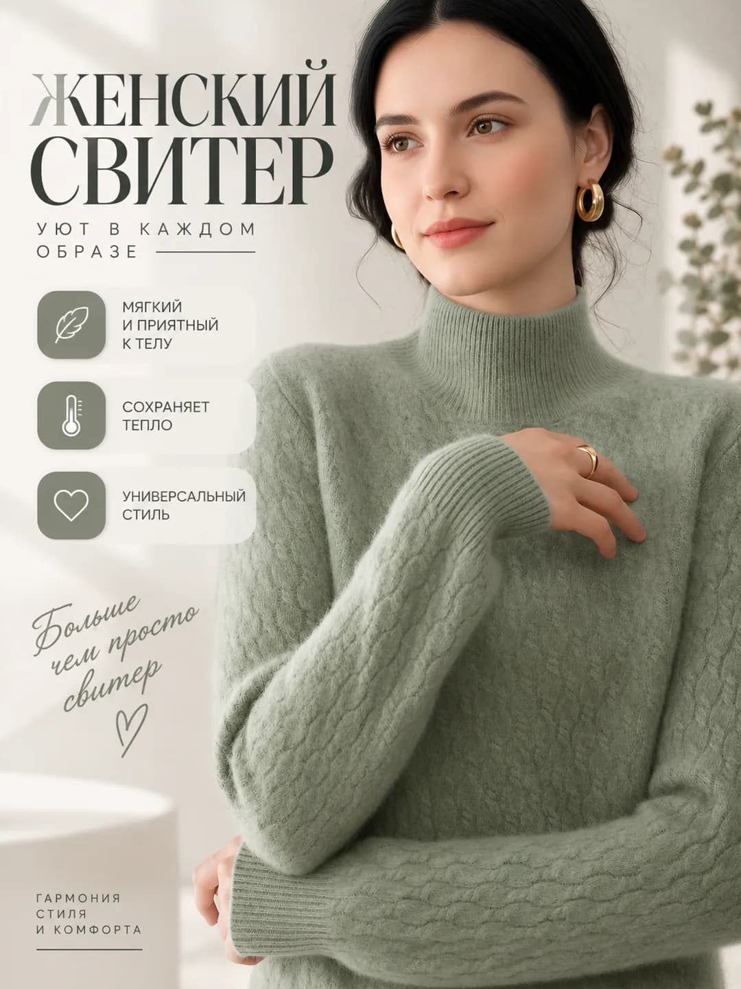 Women's cashmere sweater, autumn-winter, solid colour, loose fit, mock neck, long sleeve, slimming