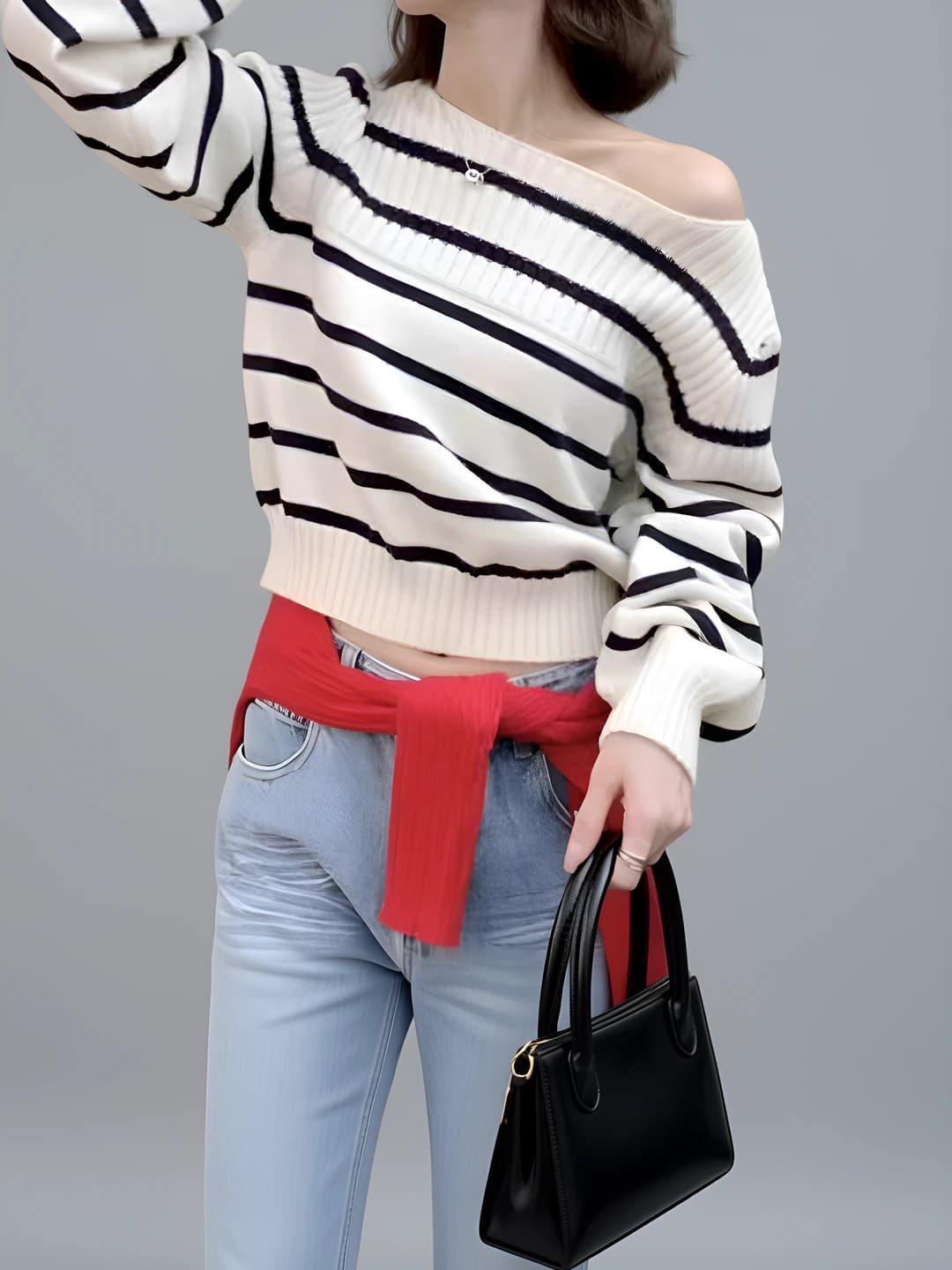 Ayollar uchun chiziqli off-shoulder sviter, kashemir va naylon, uzun yeng, kalta, kundalik uslub
